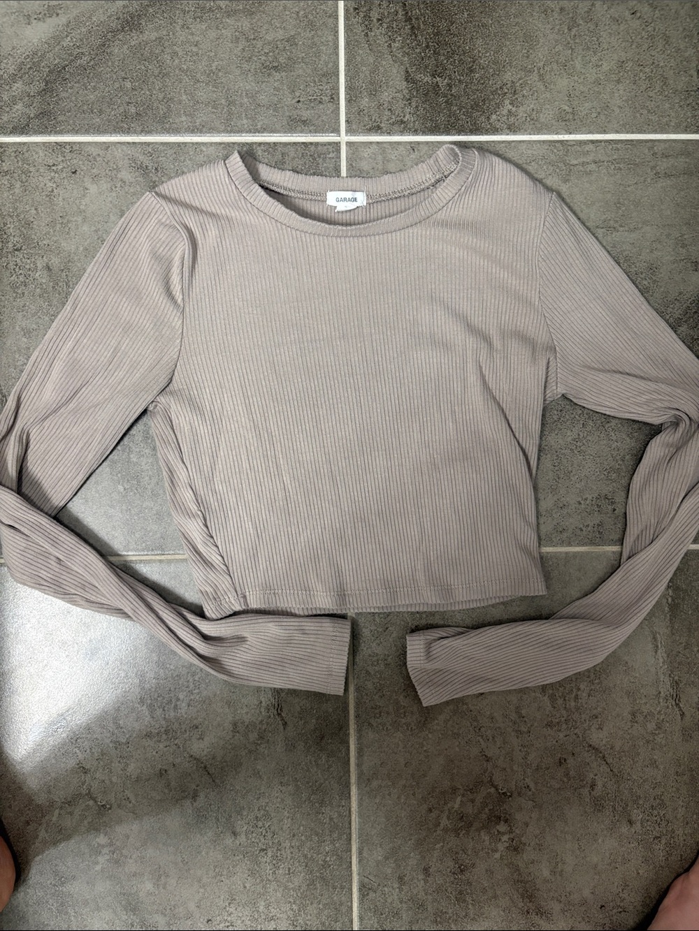 Garage Ribbed Long Sleeve Crop Top - Taupe Gray size Small